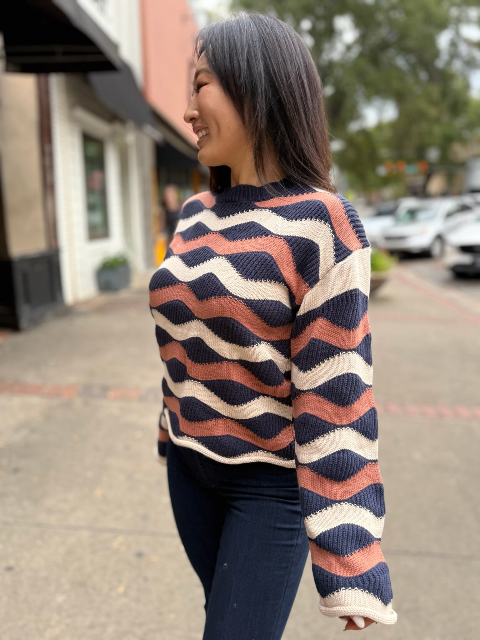 Long Sleeve Wavy Stripe Sweater Top - Navy/Cinnamon