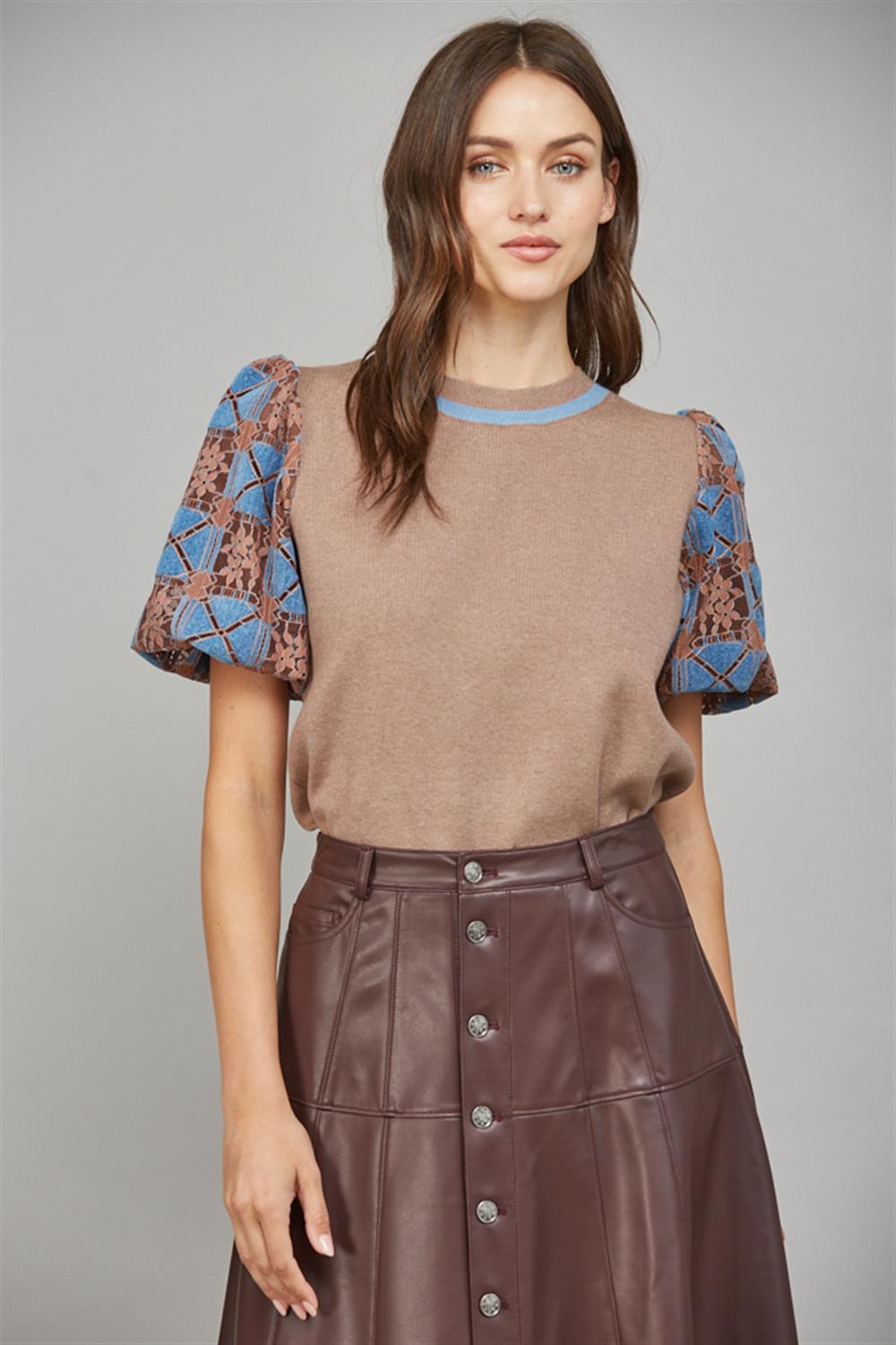 Mocha Lase Short Bubble Sleeve Crew Neck Sweater