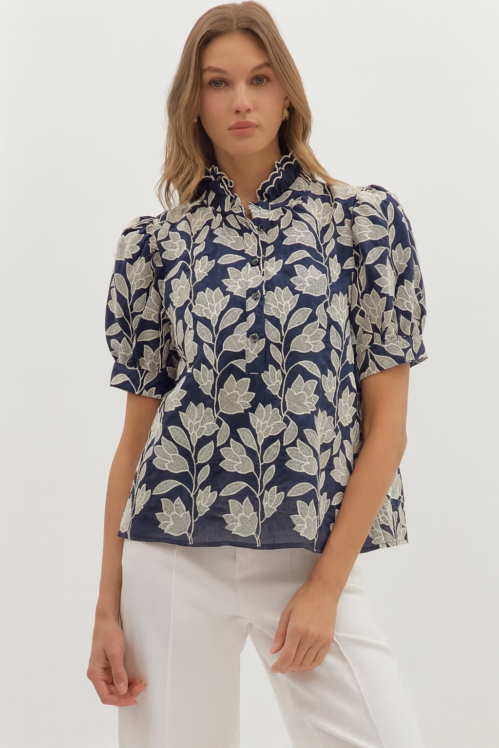 Midnight Magnolia Puff Sleeve Blouse