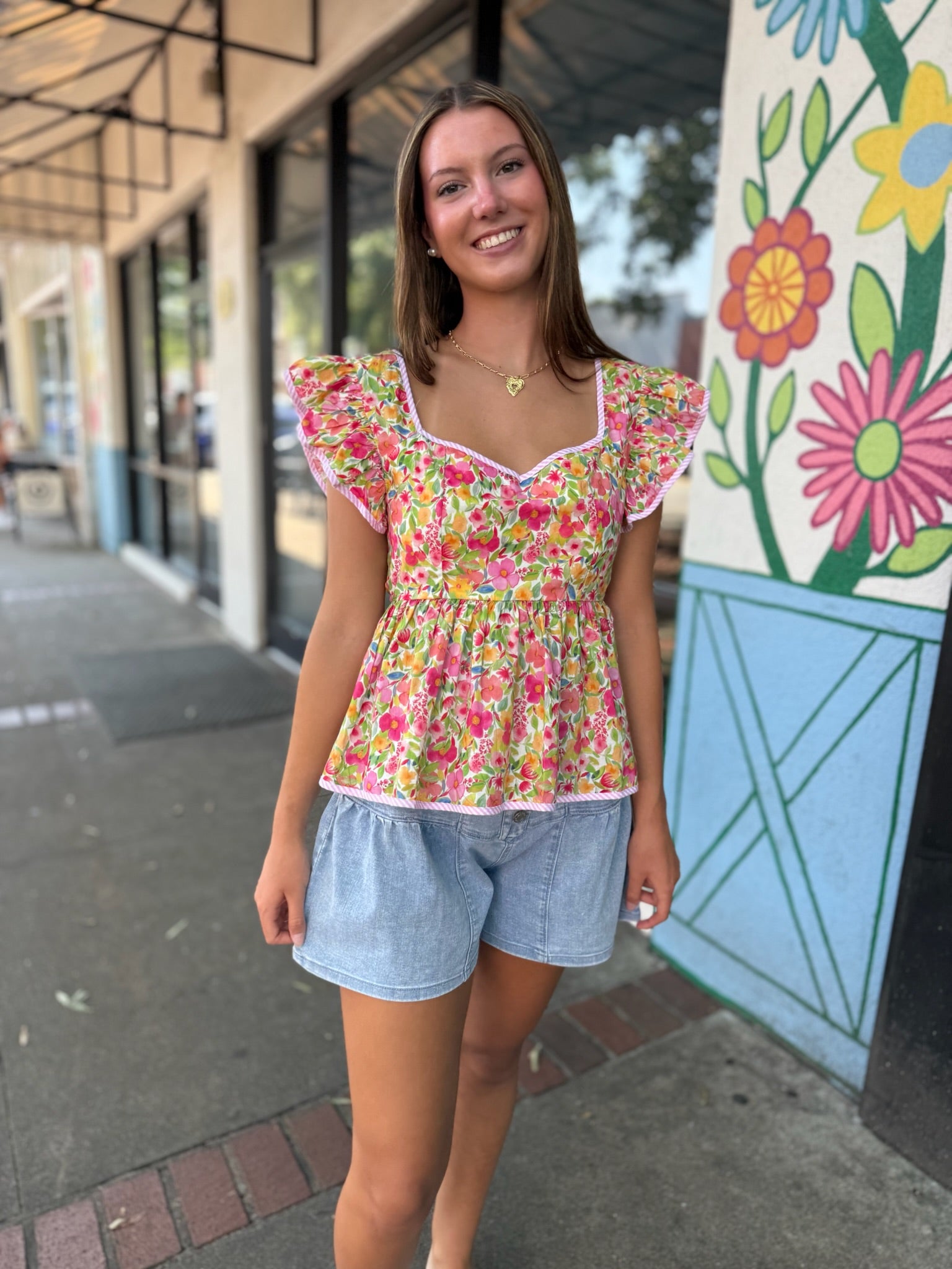 Pink Ruffle Sleeve Floral Peplum Top