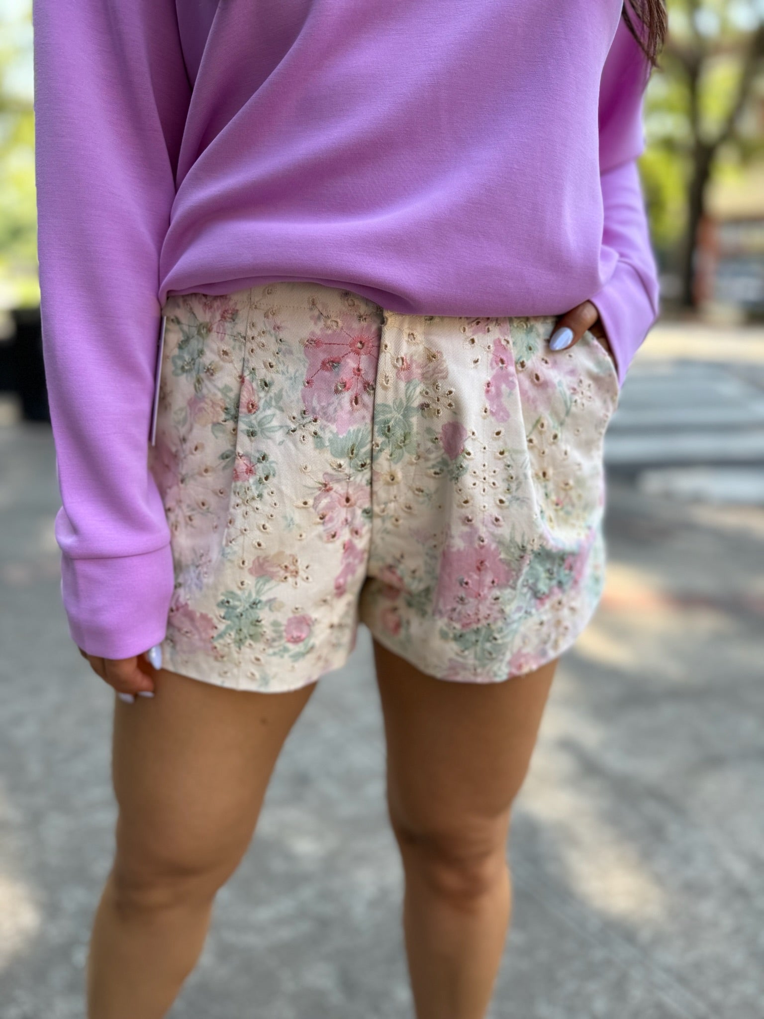 Pink/Green Floral Eyelet Lace Pleated Shorts