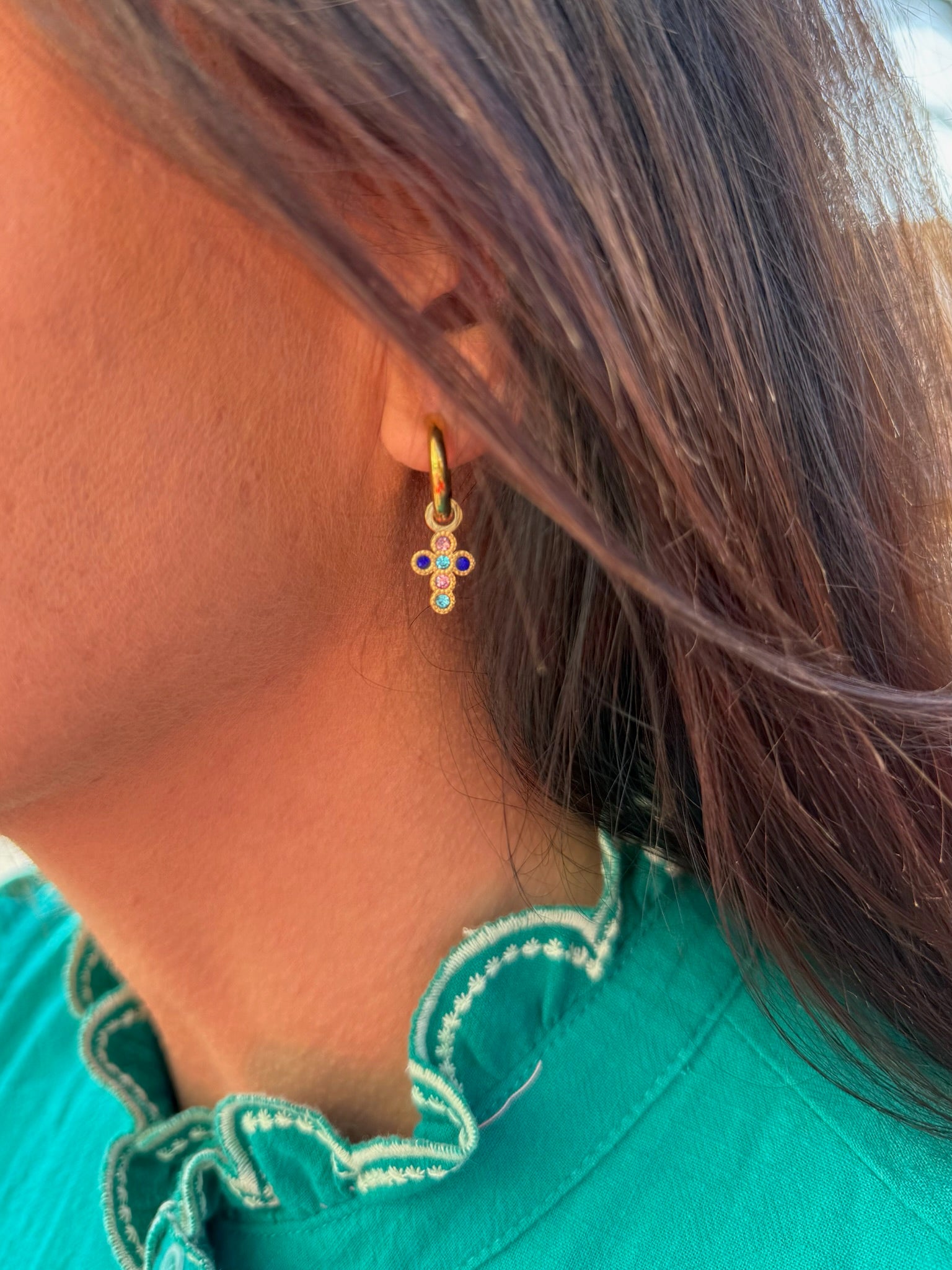 Esther Gemstone Cross Huggie Earrings