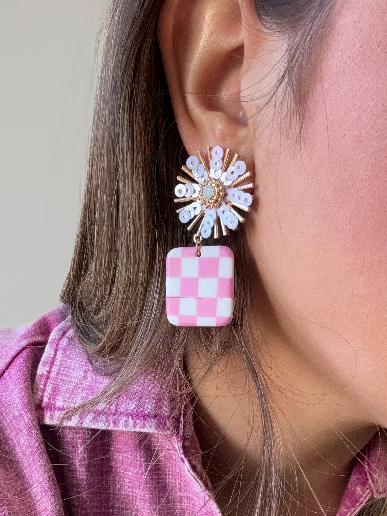 Pink Checkered Earrings