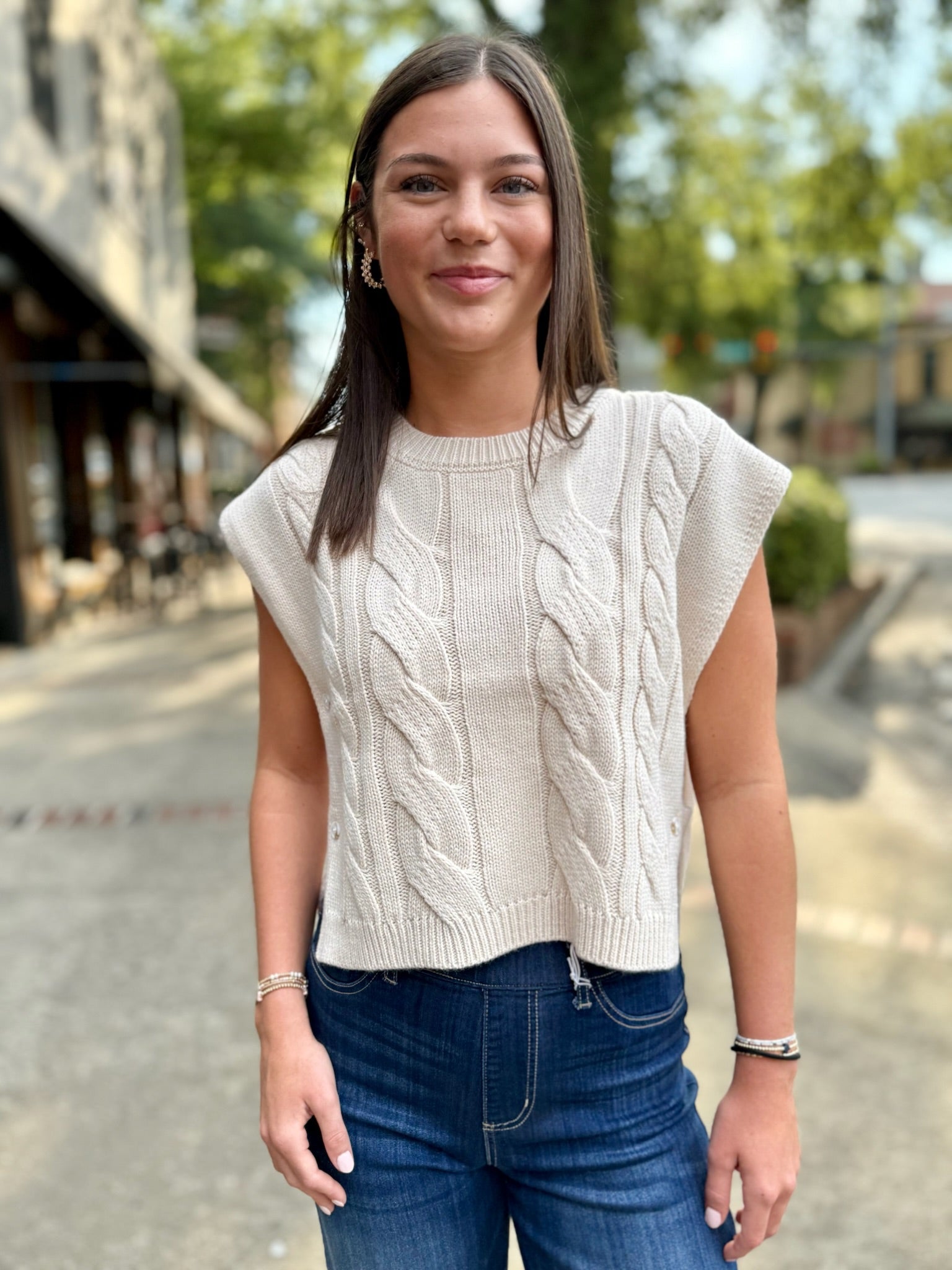 Cream Cable Knit Sleeveless Sweater With Side Buttons