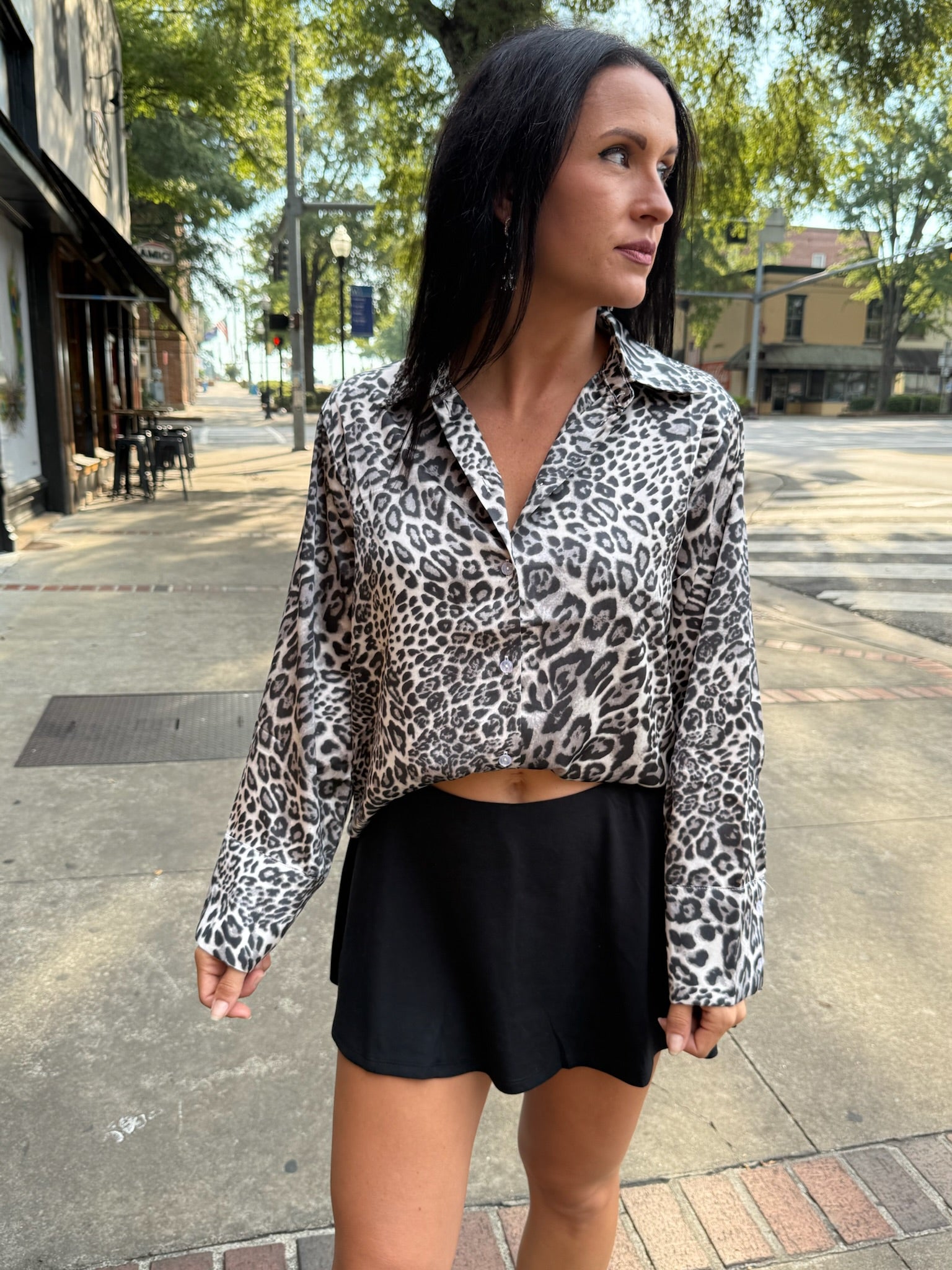 Black Leopard Print Casual Button-up Shirt