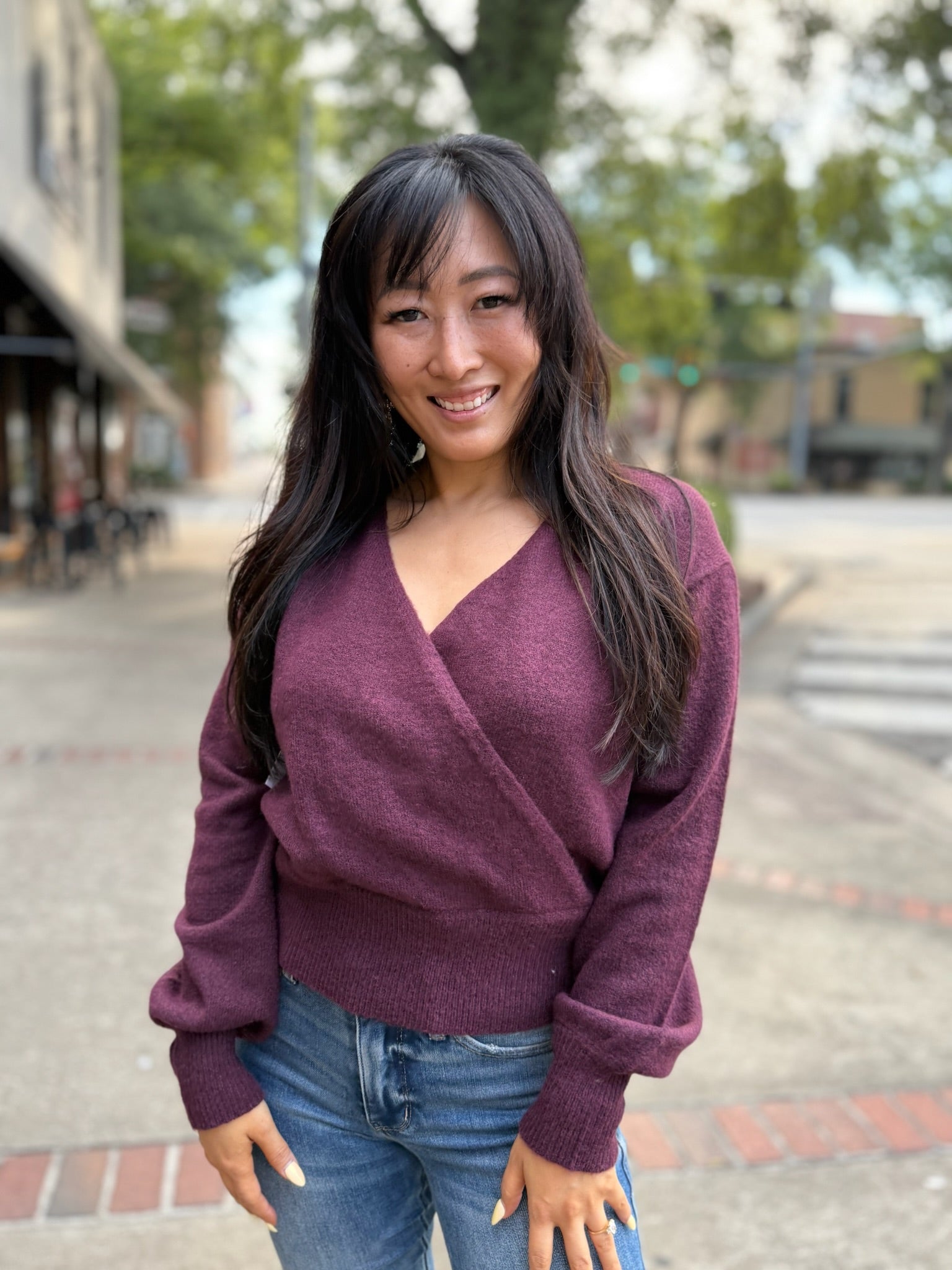 Dark Cherry Surplice V Neck Sweater