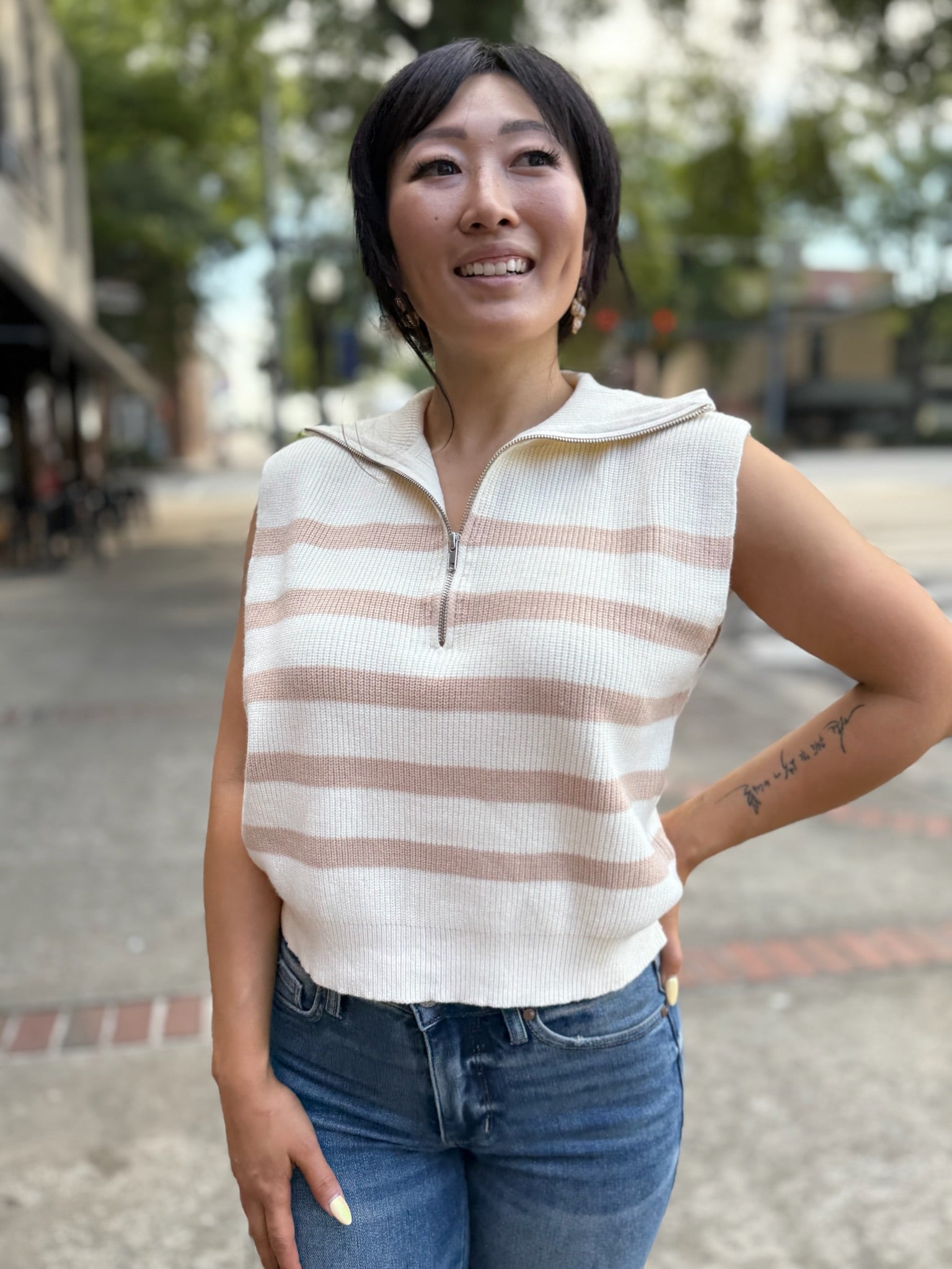Cream/Taupe Striped Knit Half Zip Sweater Vest