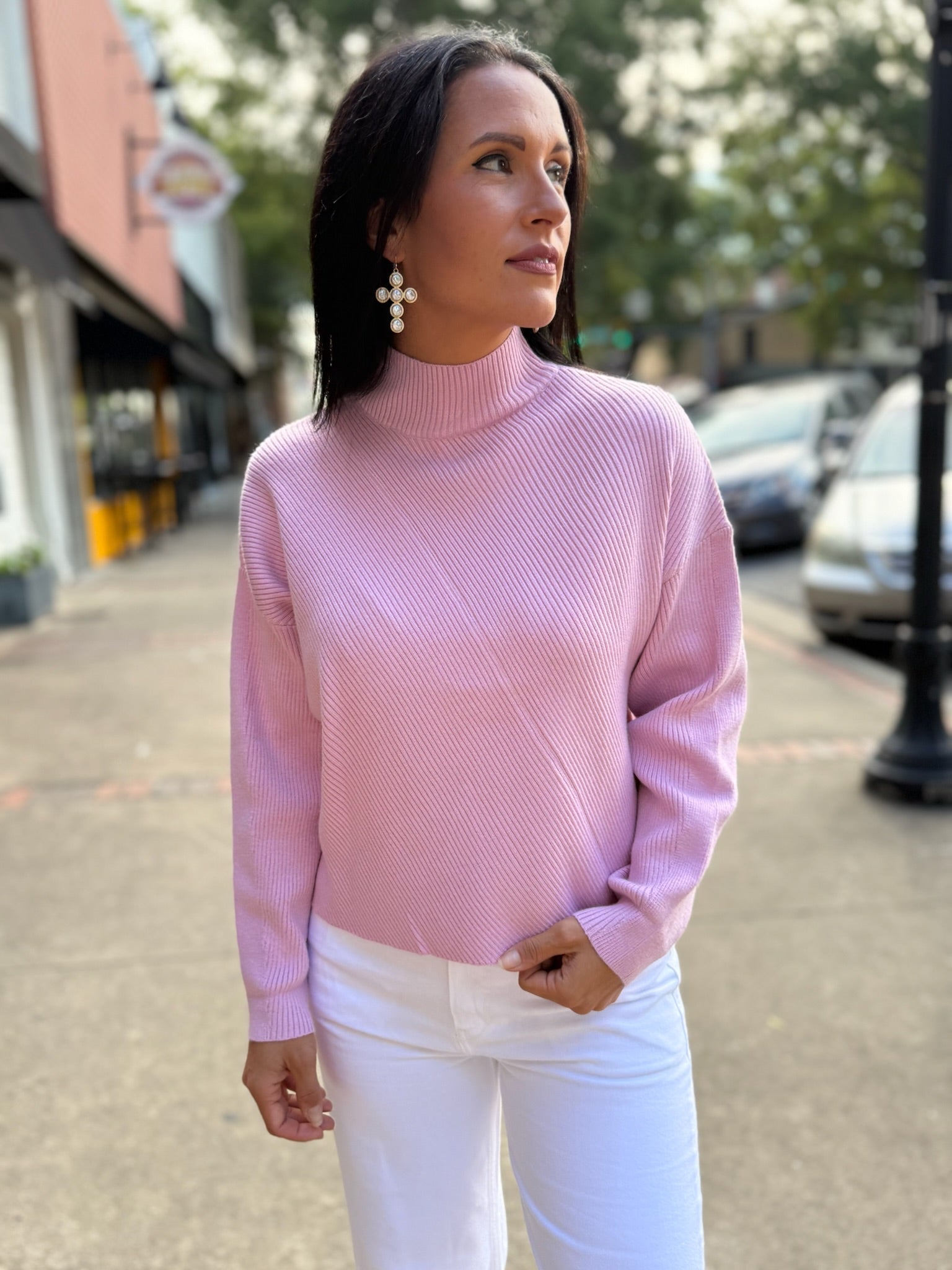 Pink Frost High Neck Diagonal Ribbed Sweater