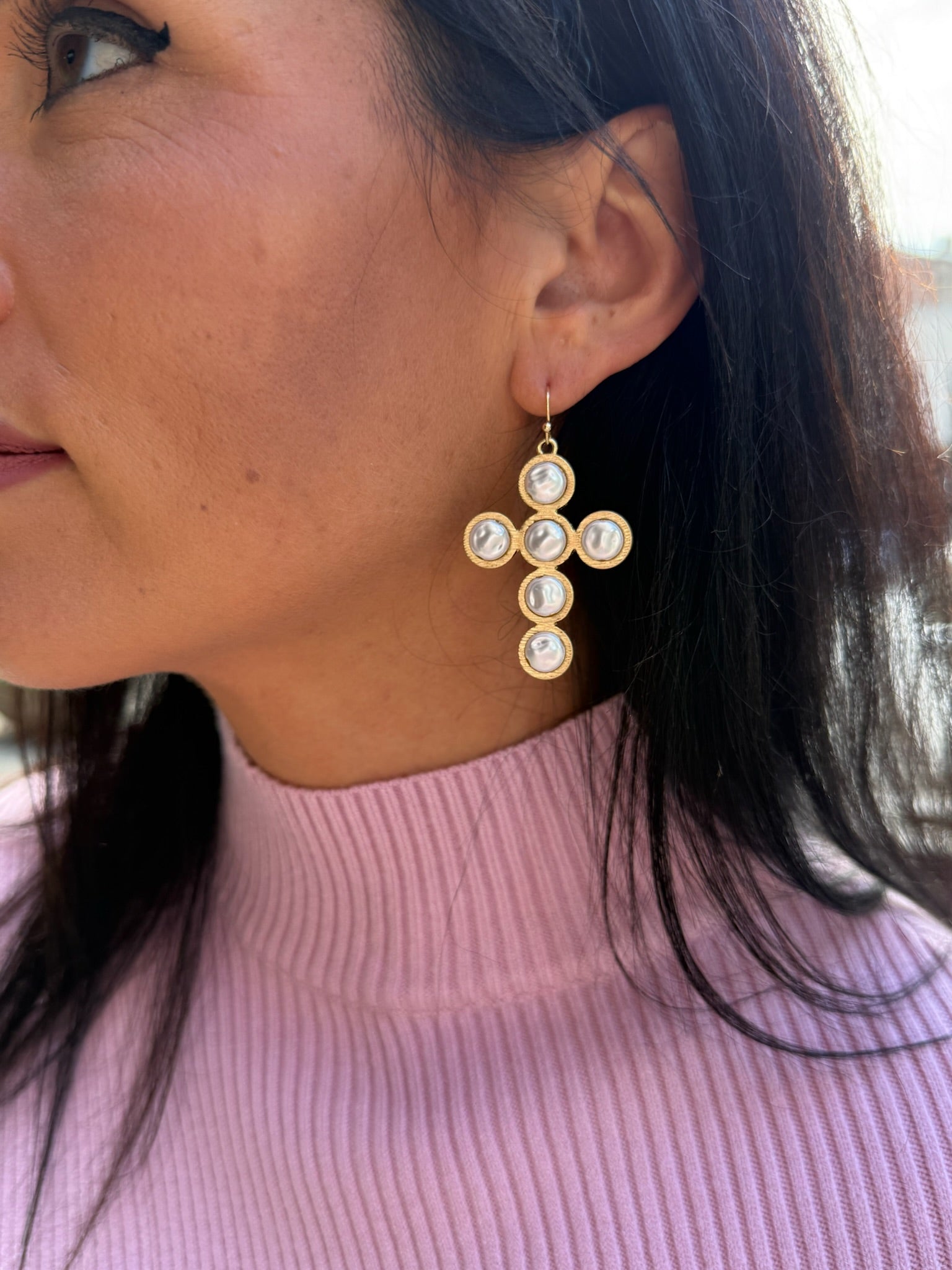 Radiant Faith Coin Pearl Cross Earrings