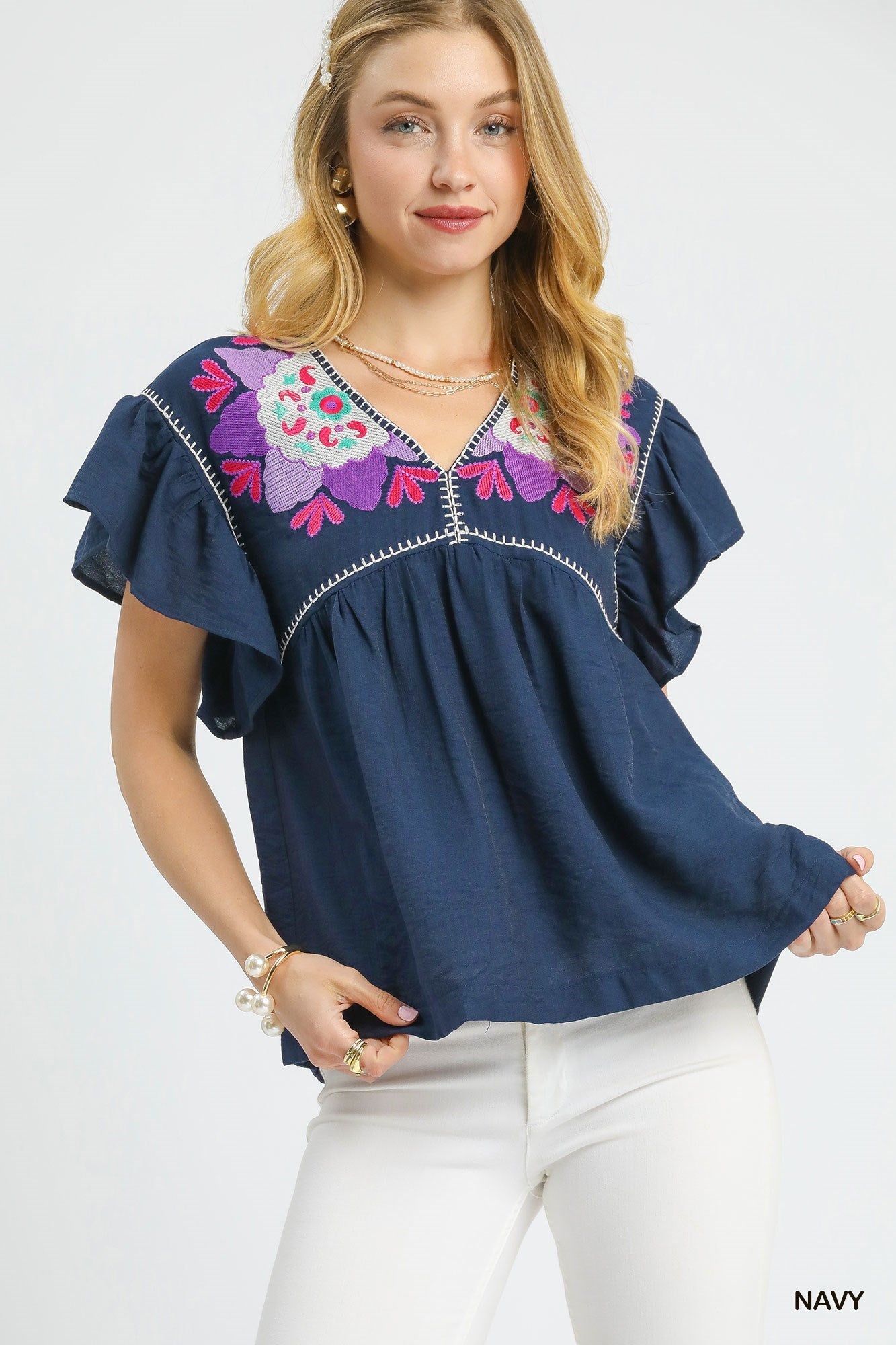 Navy Floral Embroidered Ruffle Sleeve Top