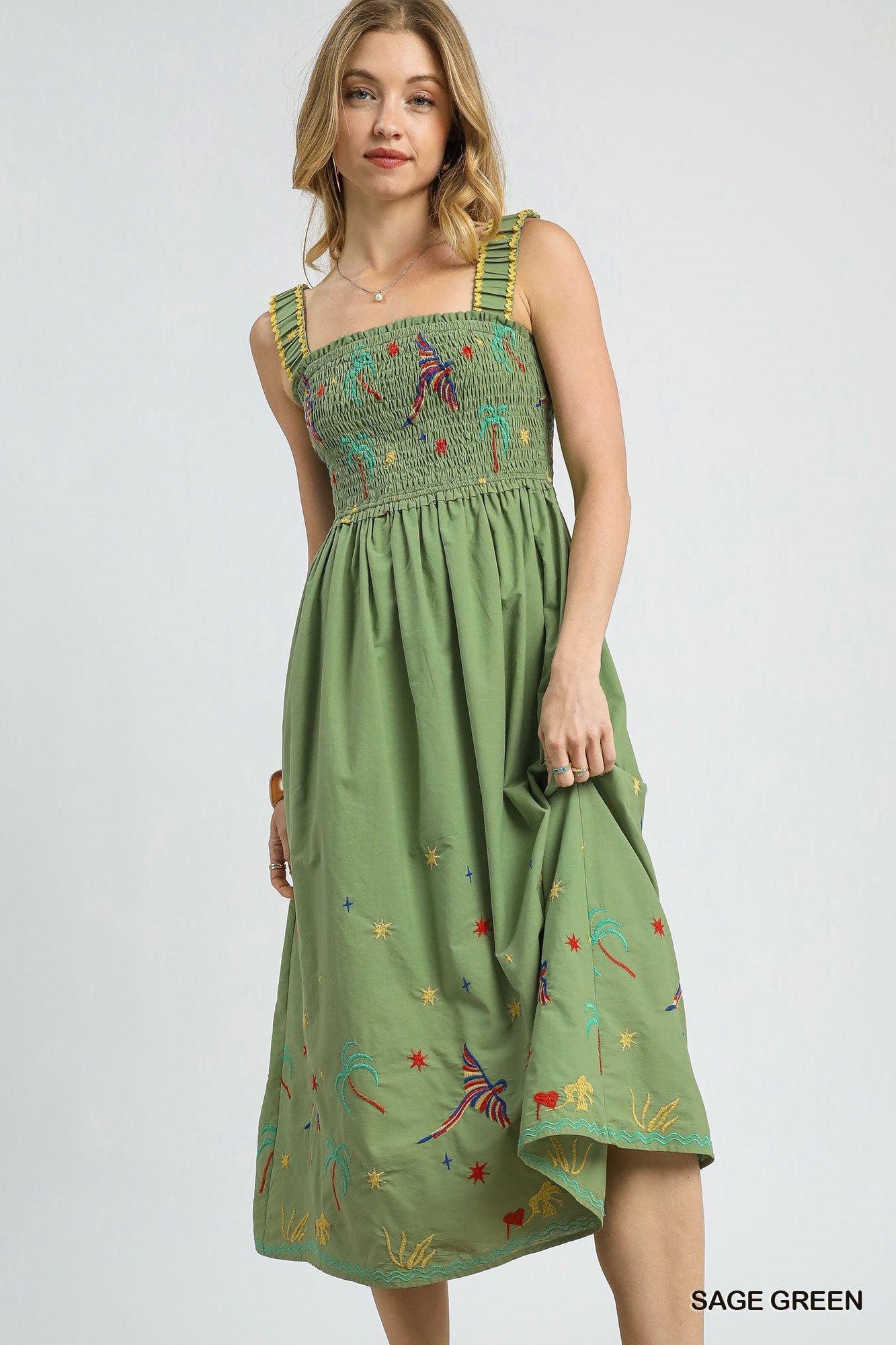 Sage Green Embroidered Smocked Midi Sundress