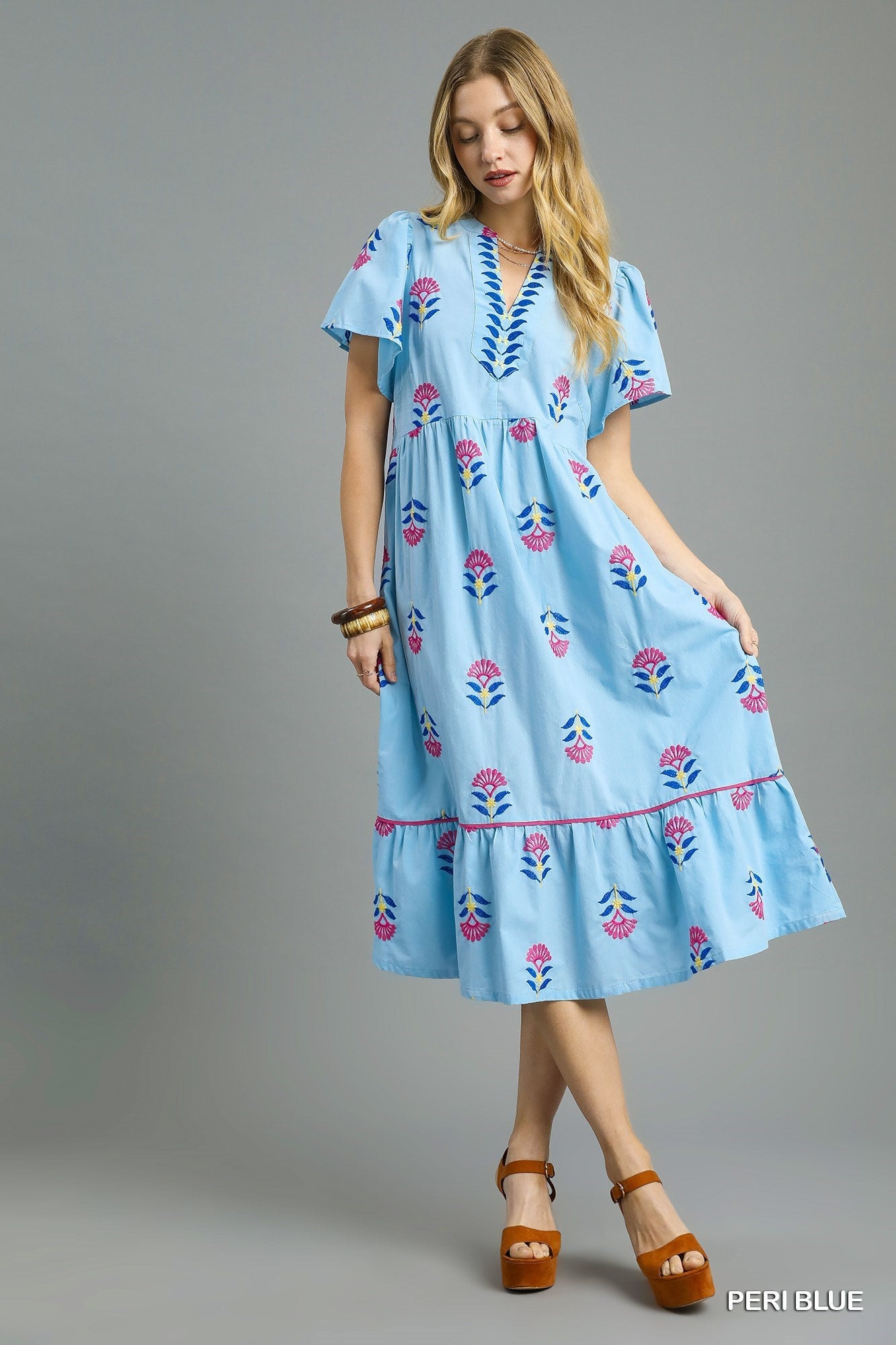 Peri Blue Embroidered Tiered Midi Dress