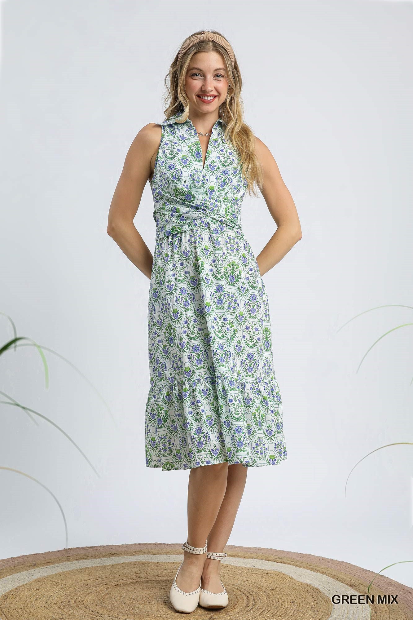 Green Mix Botanical Tile Sleeveless Midi Dress