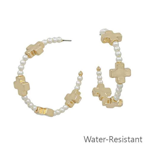 Water Resistant Pearl Cross Elegance Hoops