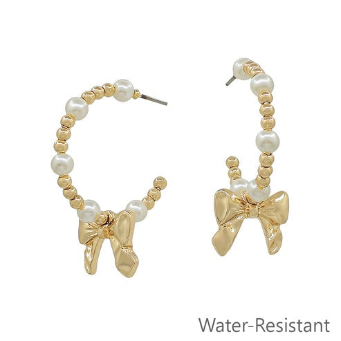 Water Resistant Petite Pearl Bow Hoop Earrings