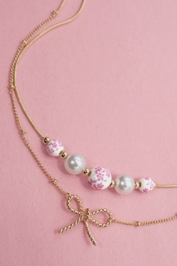 Pink Ceramic Porcelain Pearl Bow Layer Necklace