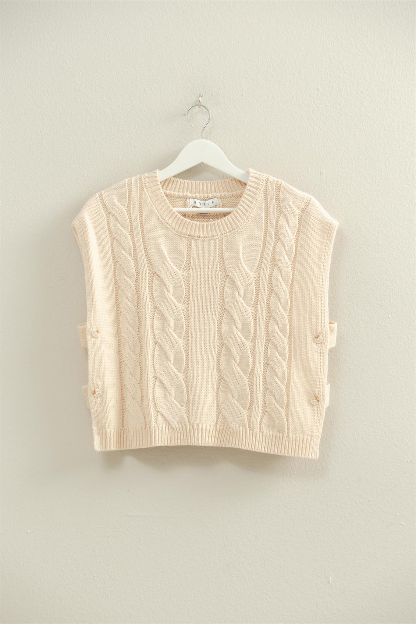 Cream Cable Knit Sleeveless Sweater With Side Buttons