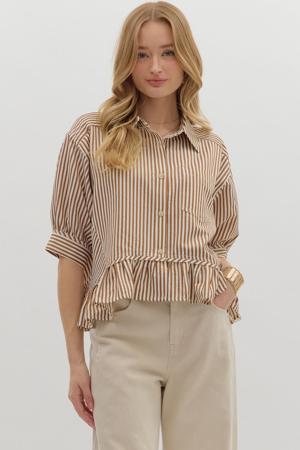 Caramel Stripe Peplum Shirt
