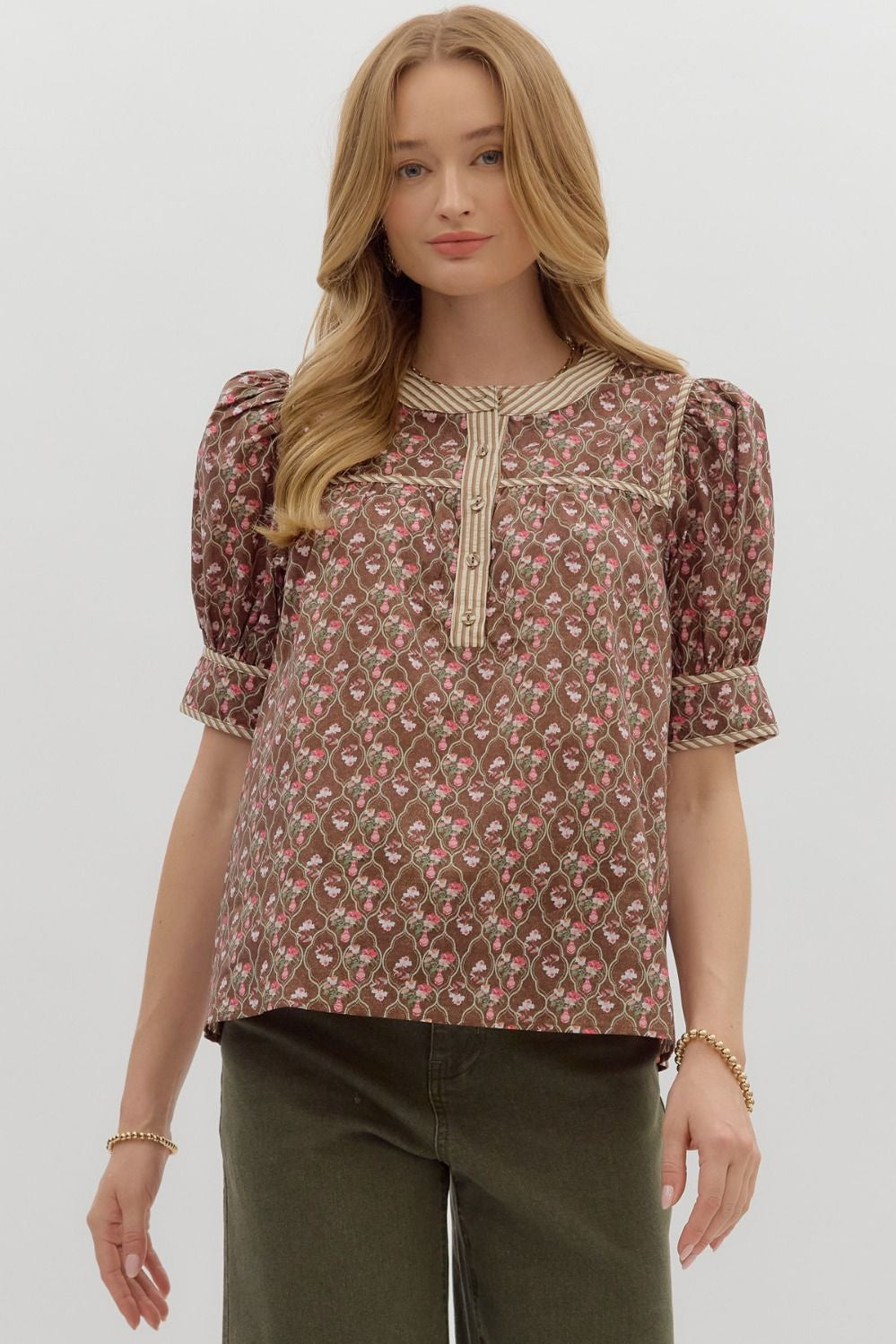 Rosewood Garden Puff Sleeve Blouse