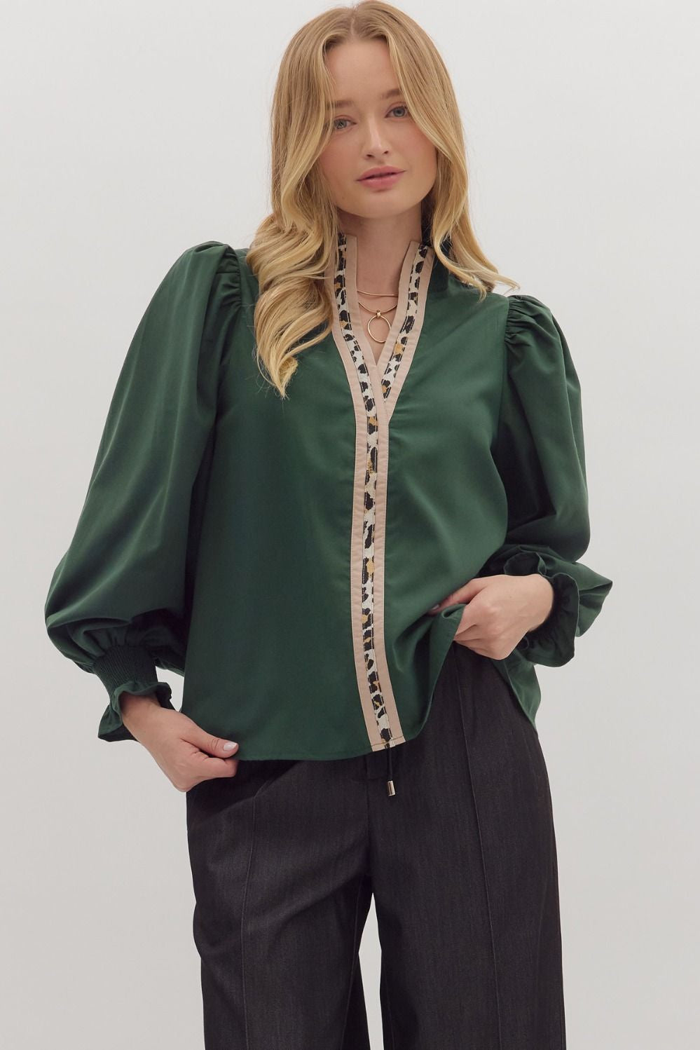 Emerald Edge Puff Sleeve Blouse