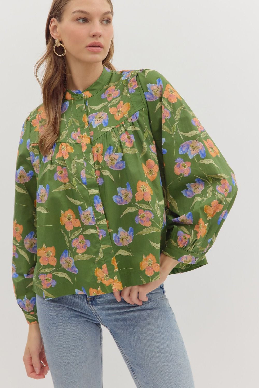 Meadow Bloom Band Collar Blouse