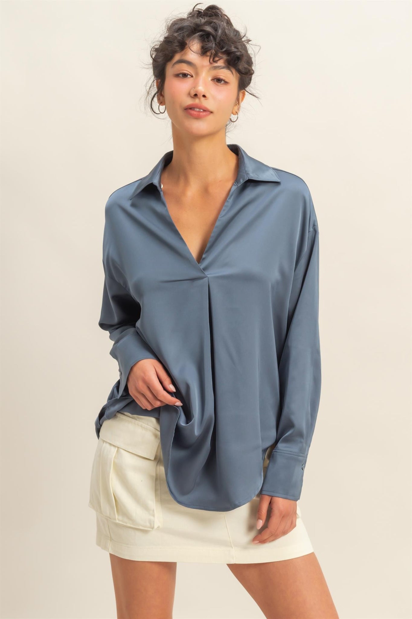 Dusty Navy Collared V-neck Satin Blouse