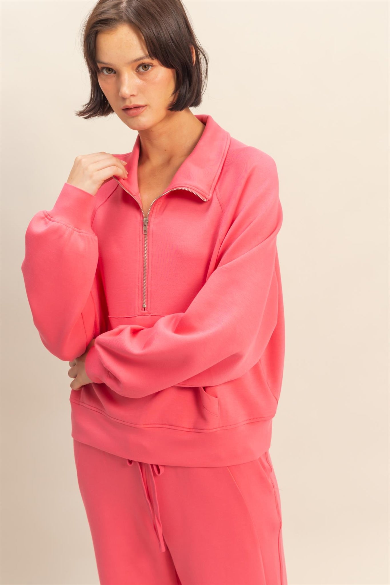 Taffy Pink Double Knit Half Zip High Neck Collar Sweatshirt