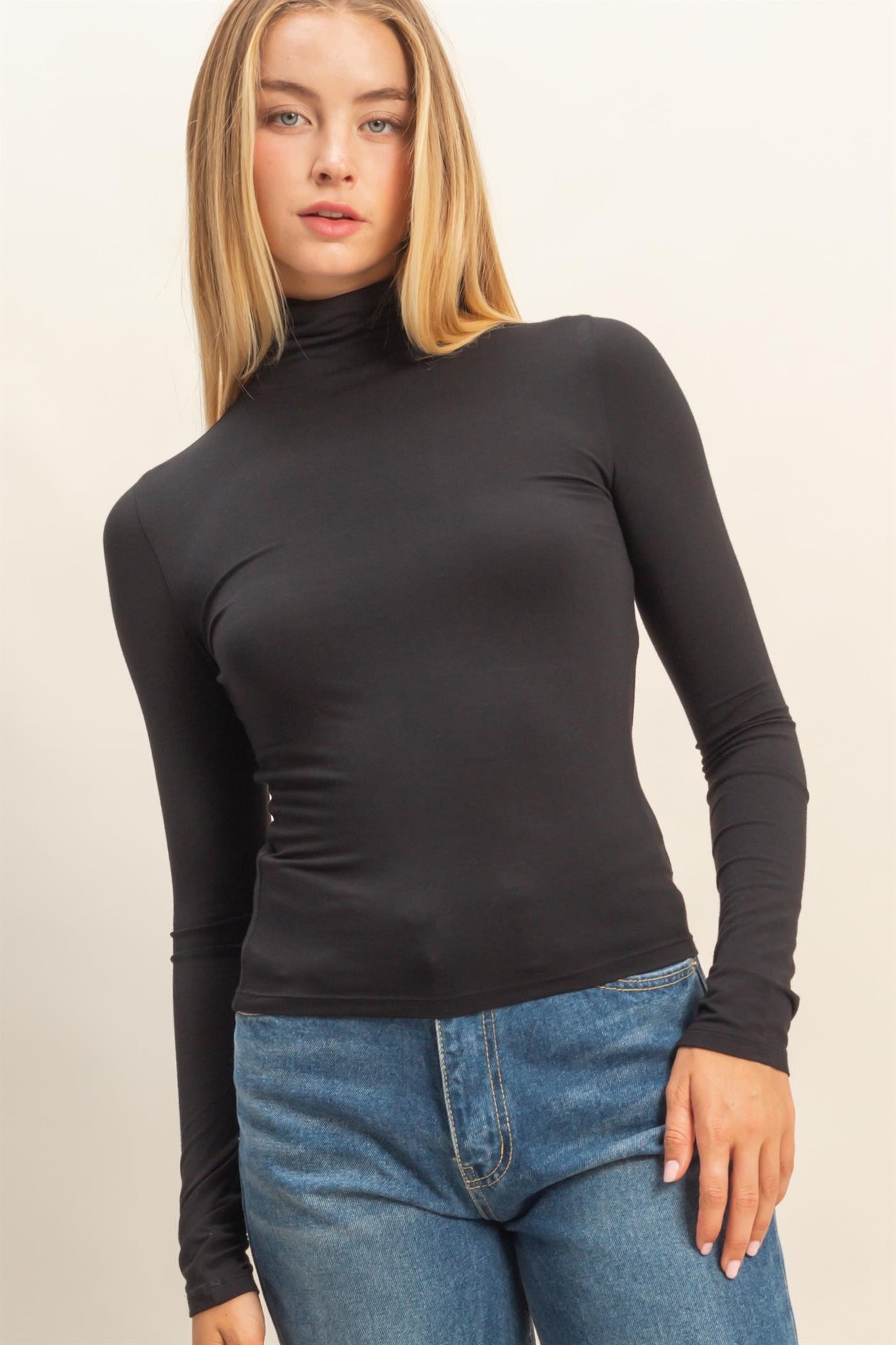 Black Turtleneck Long Sleeve Fitted Top
