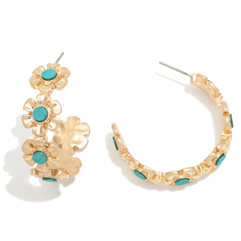 Gold and Turquoise Flower Hoop Earrings