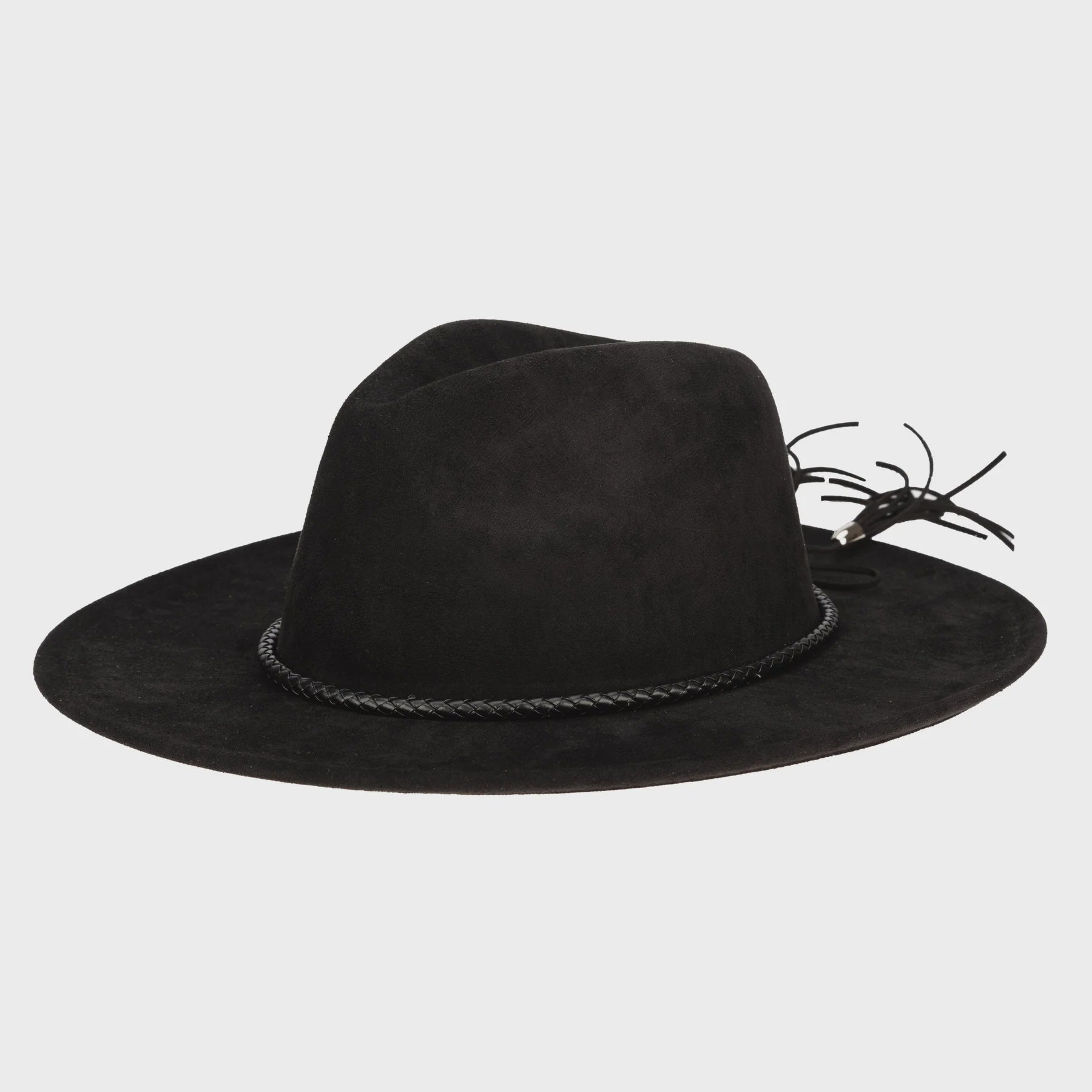 Faux Suede Fedora With Tassel Back Bow - Black