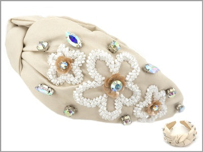 Neutral with White Seed Bead Flower and Crystal Headband