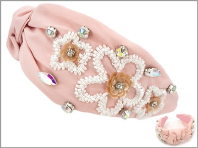 Light Pink with Beaded Flower and Crystal Headband