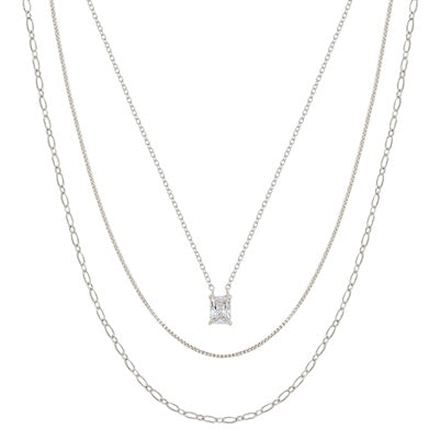 Triple Layered Chain Necklace With Crystal Pendant - Silver
