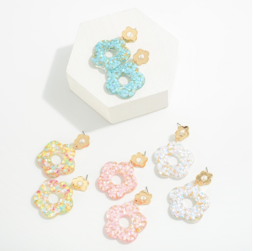 Glitter Inlay Resin Flower Drop Earrings