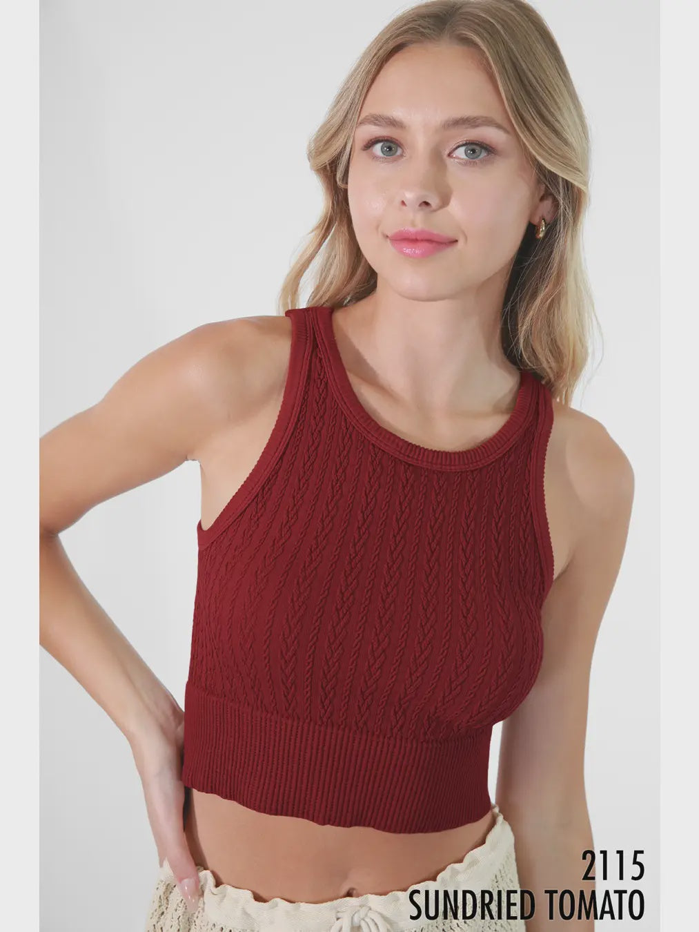 Cable Knit Crop Top - One Size - Sundried Tomato