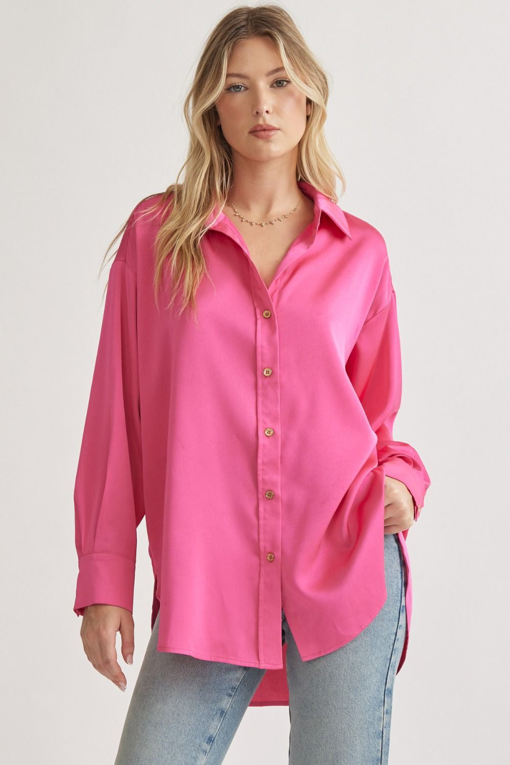 Down To Business Button Up - Hot Pink